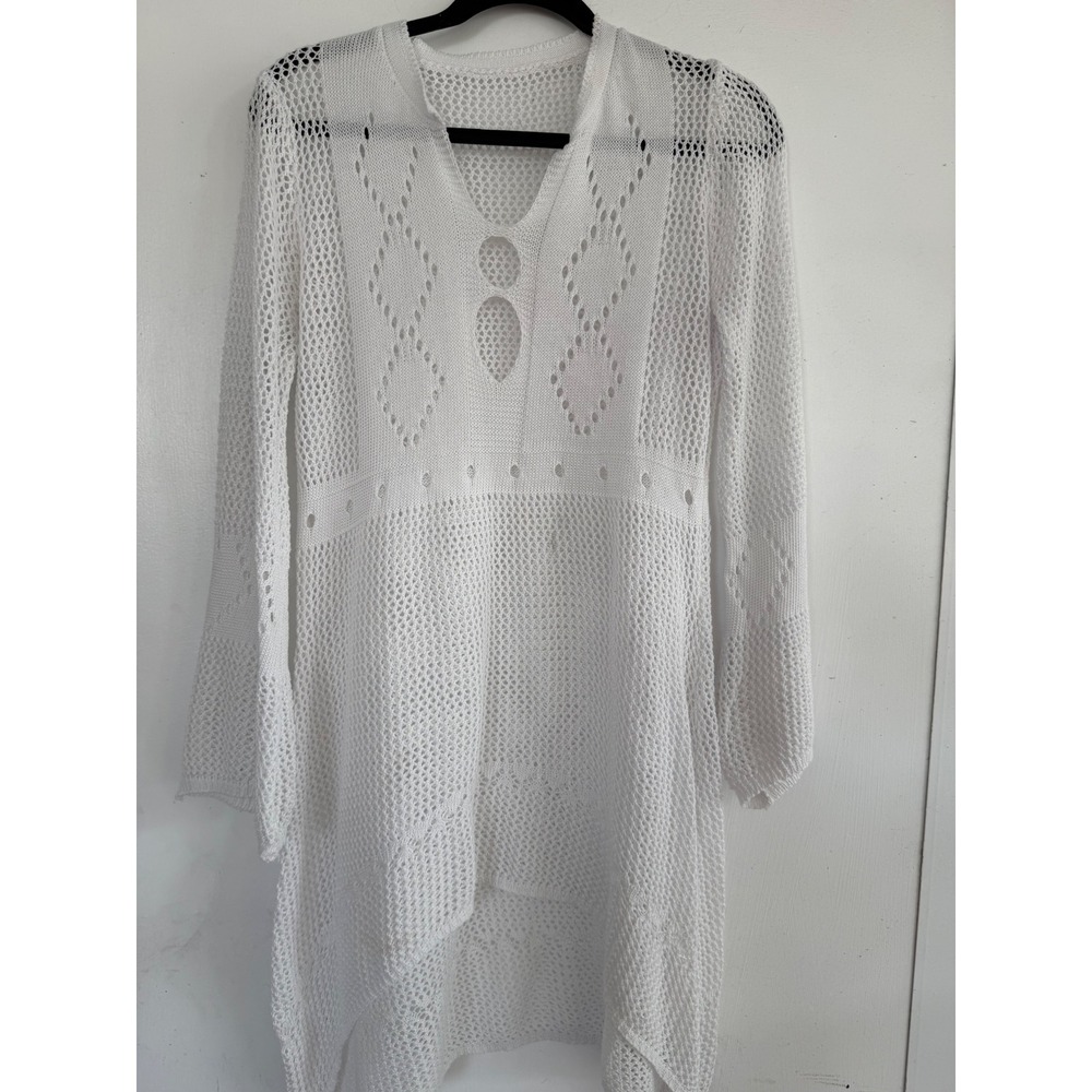 White Crochet Knit Tunic Dress Long Sleeve Pointelle Swim Cover Up One Size